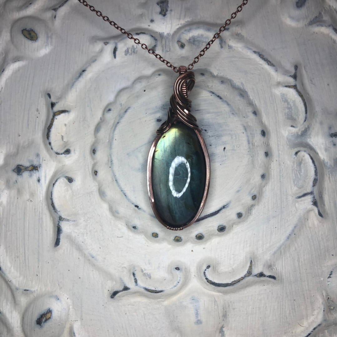 Radiant Light Green Labradorite in Antiqued Copper Necklace