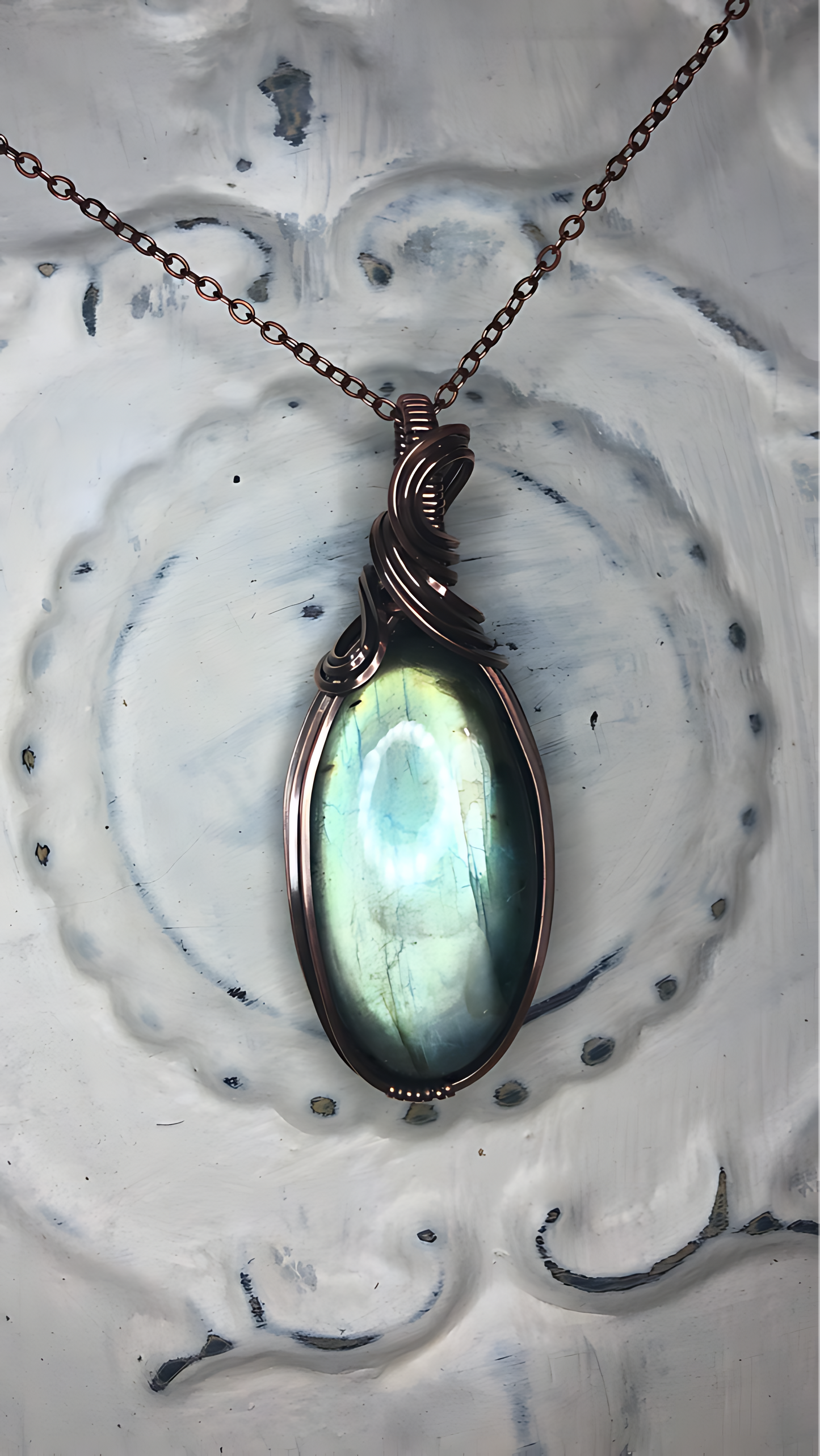 Radiant Light Green Labradorite in Antiqued Copper Necklace