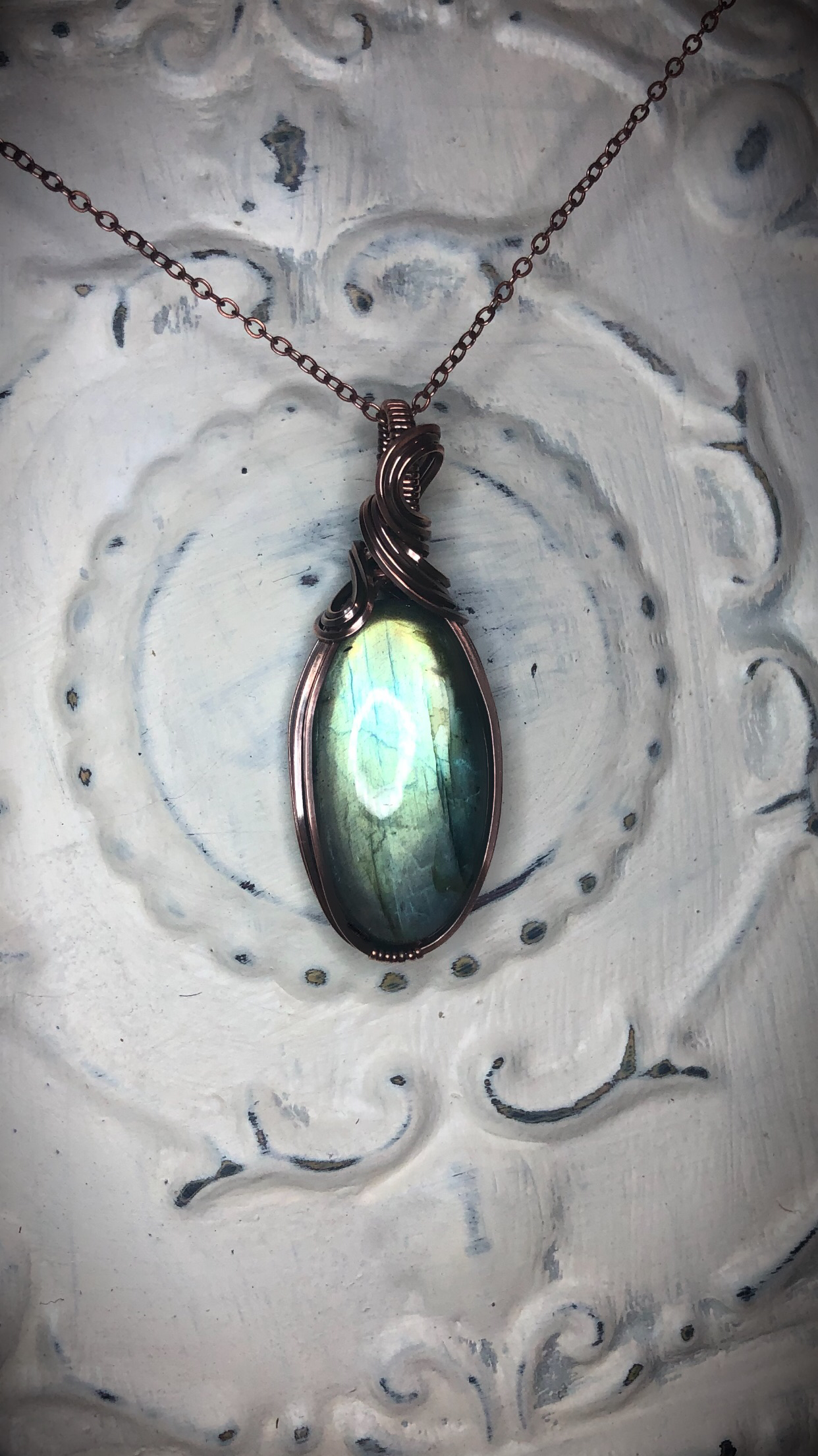 Radiant Light Green Labradorite in Antiqued Copper Necklace