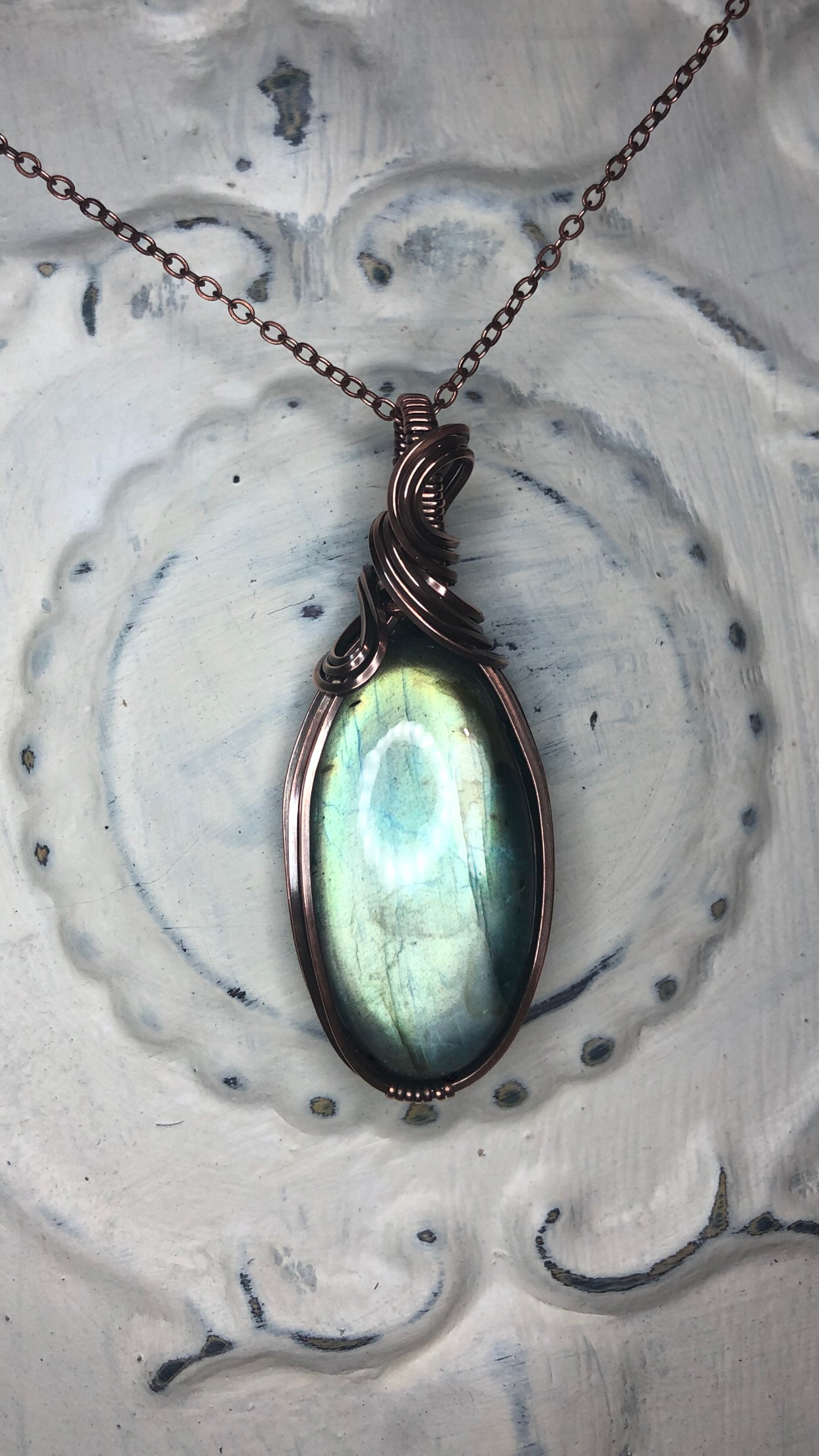 Radiant Light Green Labradorite in Antiqued Copper Necklace