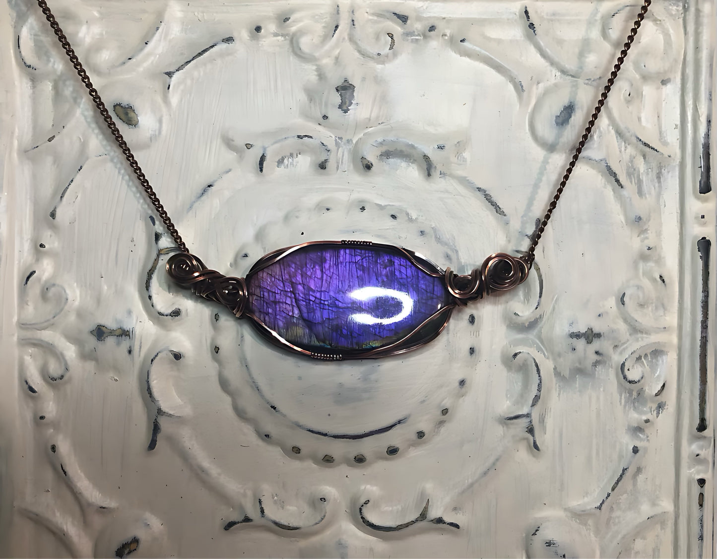 Electric Purple/ Pink Labradorite Antiqued Copper Necklace