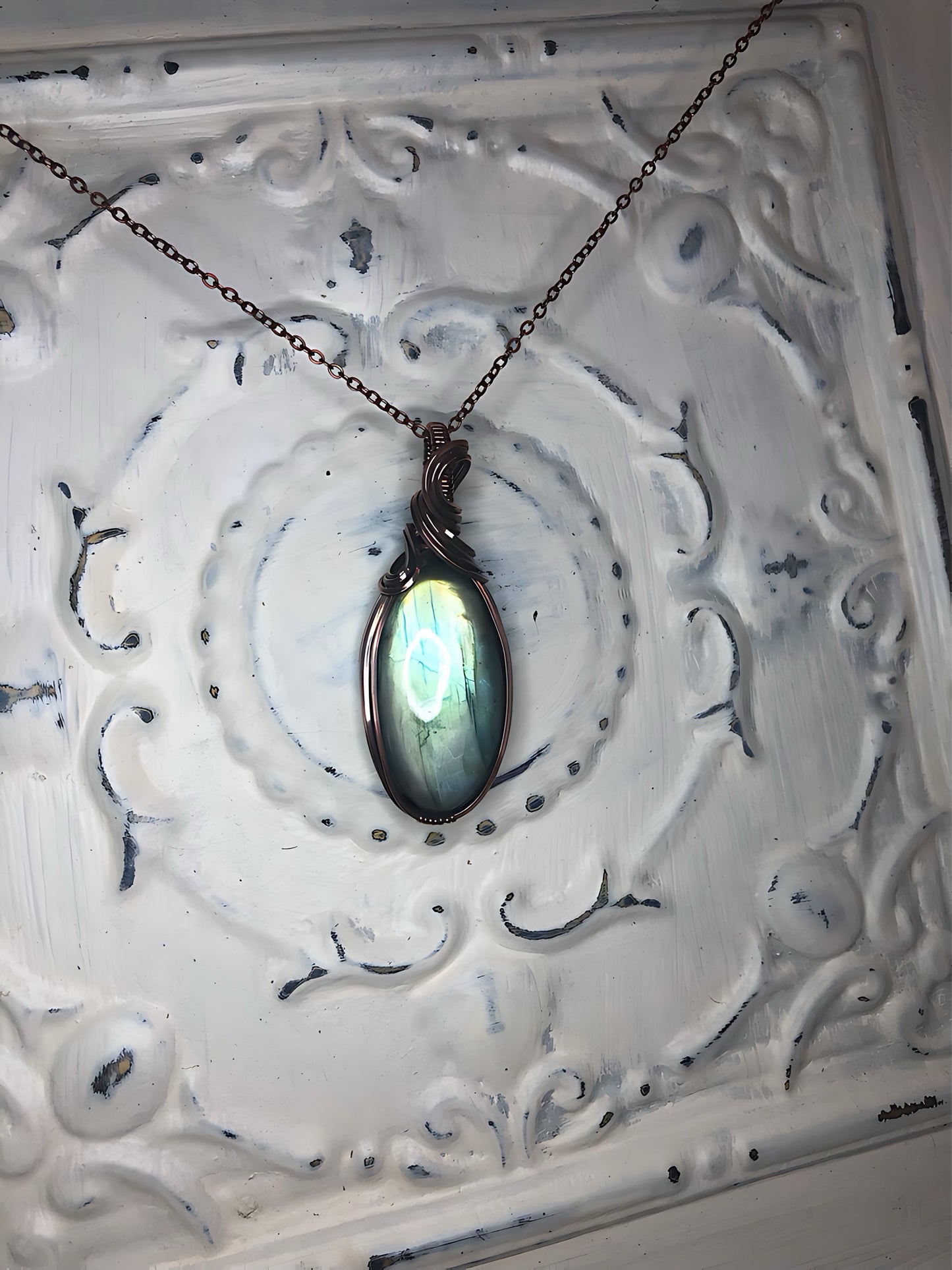 Radiant Light Green Labradorite in Antiqued Copper Necklace